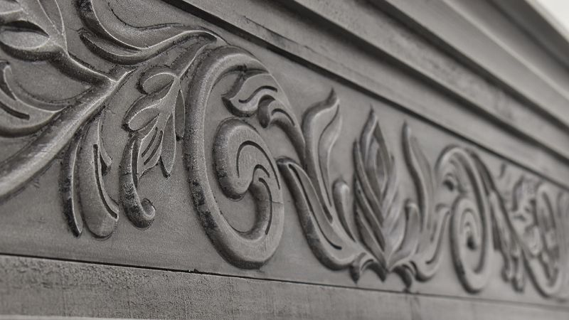 	Close Up View of the Detail on the Headboard of the Gabriella Queen Size Panel Bed in Terra Gray by Vintage Furniture | Home Furniture Plus Bedding