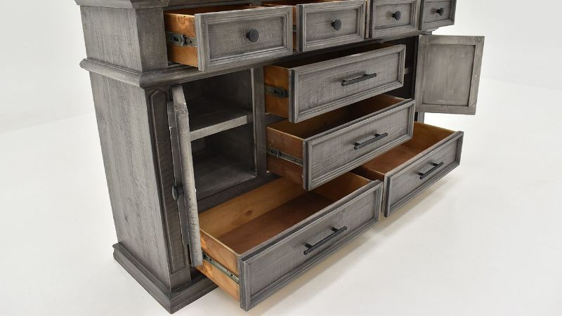 Closeup View of the Open Drawers and Doors of the Gabriella Dresser with Mirror in Terra Gray by Vintage Furniture | Home Furniture Plus Bedding