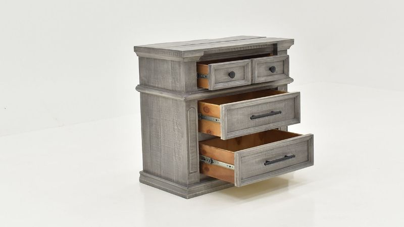 Slightly Angled View with Open Drawers of the Gabriella Nightstand in Terra Gray by Vintage Furniture | Home Furniture Plus Bedding