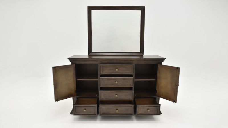 Front  View of the Big Valley Dresser with Mirror in Brown with Drawers Open by Liberty Furniture | Home Furniture Plus Bedding