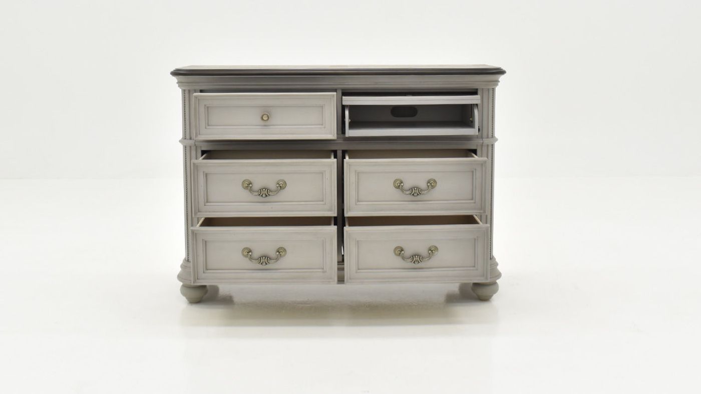 Front Facing  View of the Keystone TV Stand in Gray with Drawers Open by Avalon Furniture | Home Furniture Plus Bedding
