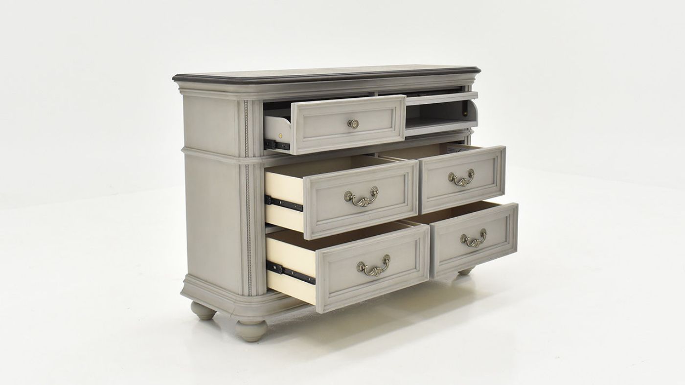 Slightly Angled  View of the Keystone TV Stand in Gray with Drawers Open by Avalon Furniture | Home Furniture Plus Bedding