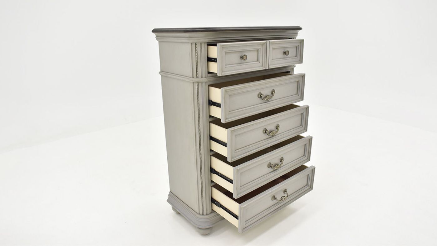 Slightly Angled View of the Keystone Chest of Drawers in Gray with Open Drawers by Avalon Furniture | Home Furniture Plus Bedding
