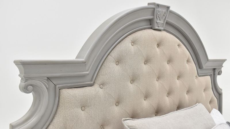 Close Up Headboard View of the Keystone Queen Size Upholstered Storage Bed in Gray by Avalon Furniture | Home Furniture Plus Bedding
