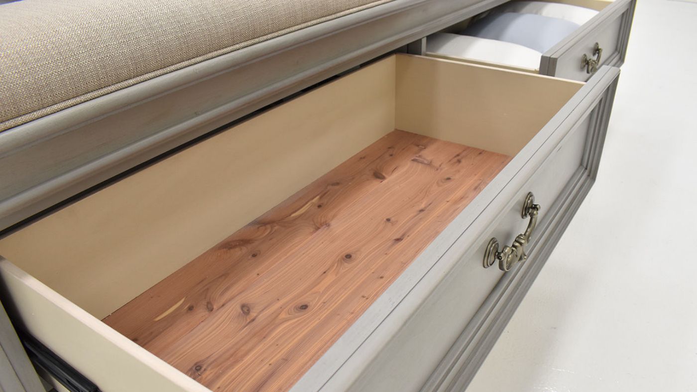 Interior Drawer View of the Keystone Queen Size Upholstered Storage Bed in Gray by Avalon Furniture | Home Furniture Plus Bedding