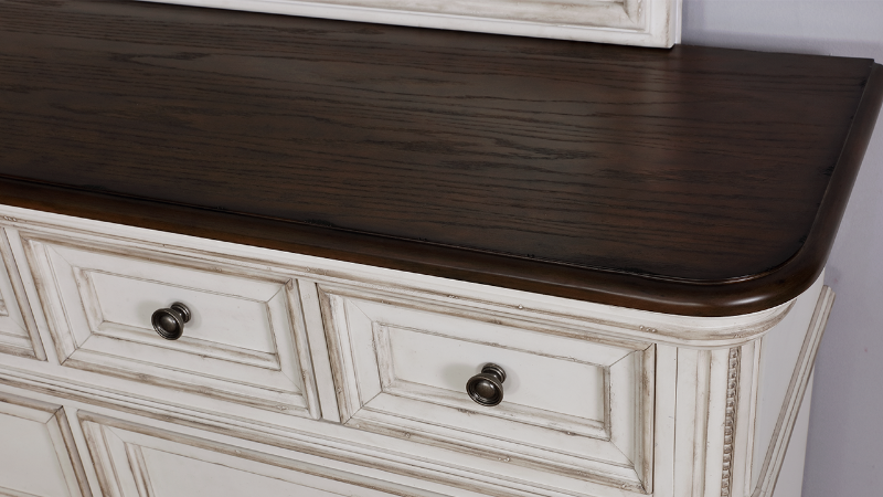 Close Up of the Top of the White Keystone Dresser and Mirror | Home Furniture Plus Mattress