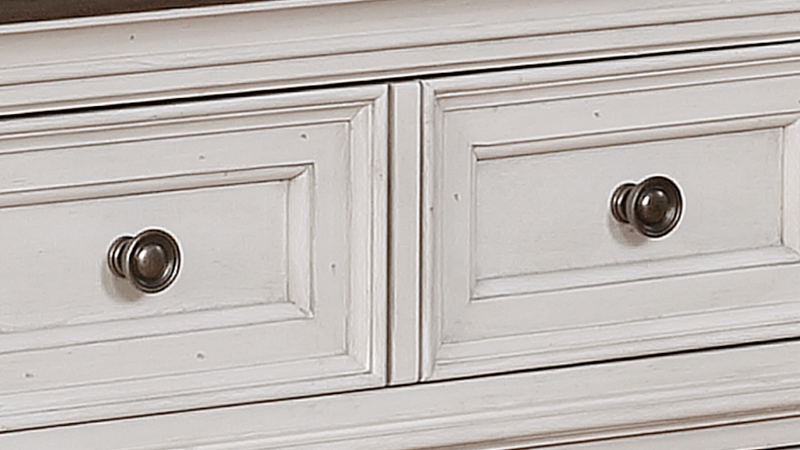Close Up of the Drawer knobs on the White Keystone Dresser and Mirror | Home Furniture Plus Mattress