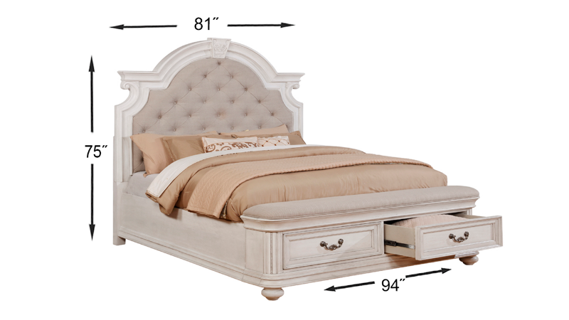 Dimensions of the White Keystone King Bed With an Upholstered Headboard and Storage Footboard at an Angle | Home Furniture Plus Mattress