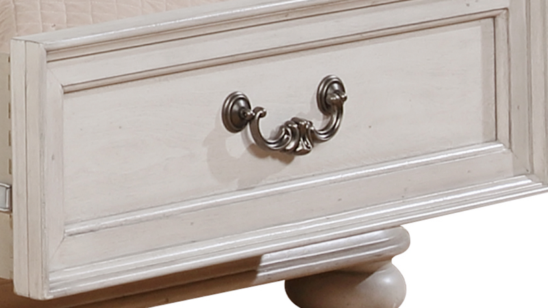 Close up of the Drawer pull on the White Keystone King Bed With an Upholstered Headboard and Storage Footboard | Home Furniture Plus Mattress
