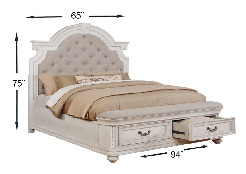 Dimensions of the 	White Keystone Queen Bed With an Upholstered Headboard and Storage Footboard at an Angle | Home Furniture Plus Mattress