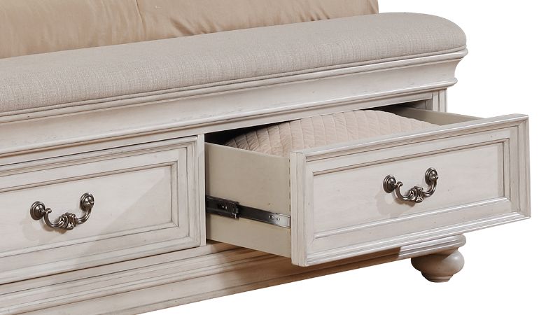 Close up of the Storage Drawers on the White Keystone Queen Bed With an Upholstered Headboard and Storage Footboard | Home Furniture Plus Mattress