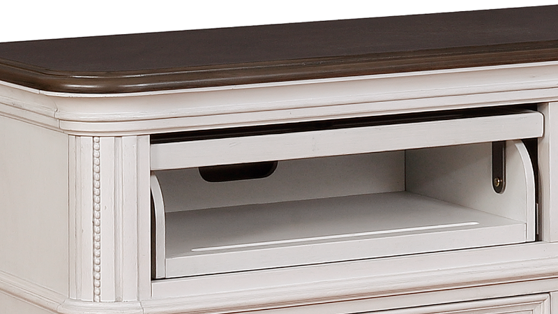 Close Up of the Media Storage on the White Keystone TV Stand at an Angle | Home Furniture Plus Mattress