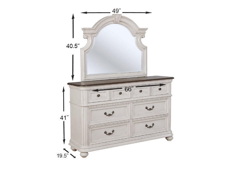 White Keystone Bedroom Set Showing the Dresser With Mirror Dimension Details | Home Furniture Plus Mattress