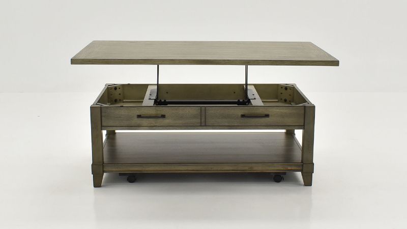 Front Facing Lifted View of the Rustic Lift-Top Coffee Table in Gray by Bernards | Home Furniture Plus Bedding