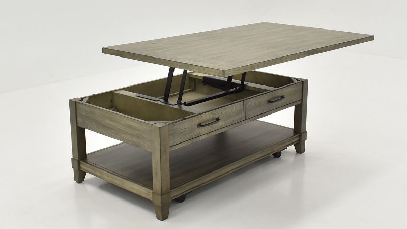 Slightly Angled Lifted View of the Rustic Lift-Top Coffee Table in Gray by Bernards | Home Furniture Plus Bedding