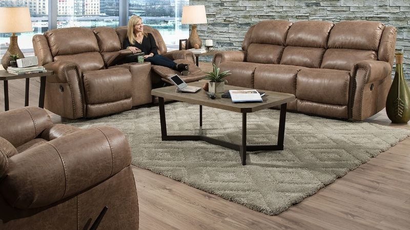 Room View of the Maverick Reclining Sofa Set in Brown by HomeStretch | Home Furniture Plus Bedding