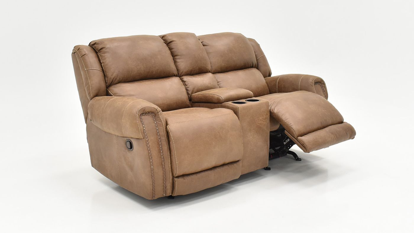 Angled View of the Opened Footrest on  the Maverick Reclining Loveseat with Center Console in Brown by HomeStretch | Home Furniture Plus Bedding