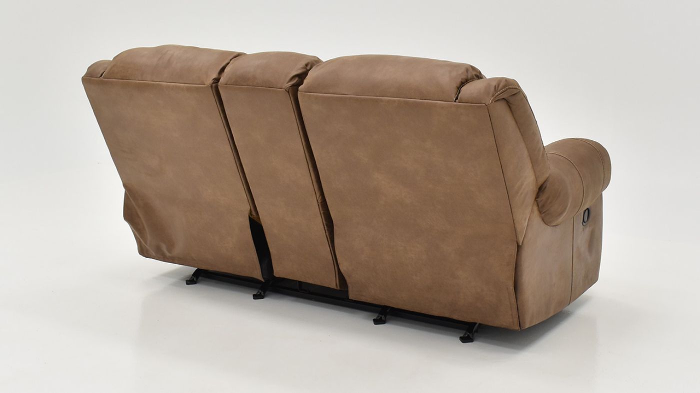Angled Rear View of the Maverick Reclining Loveseat with Center Console in Brown by HomeStretch | Home Furniture Plus Bedding