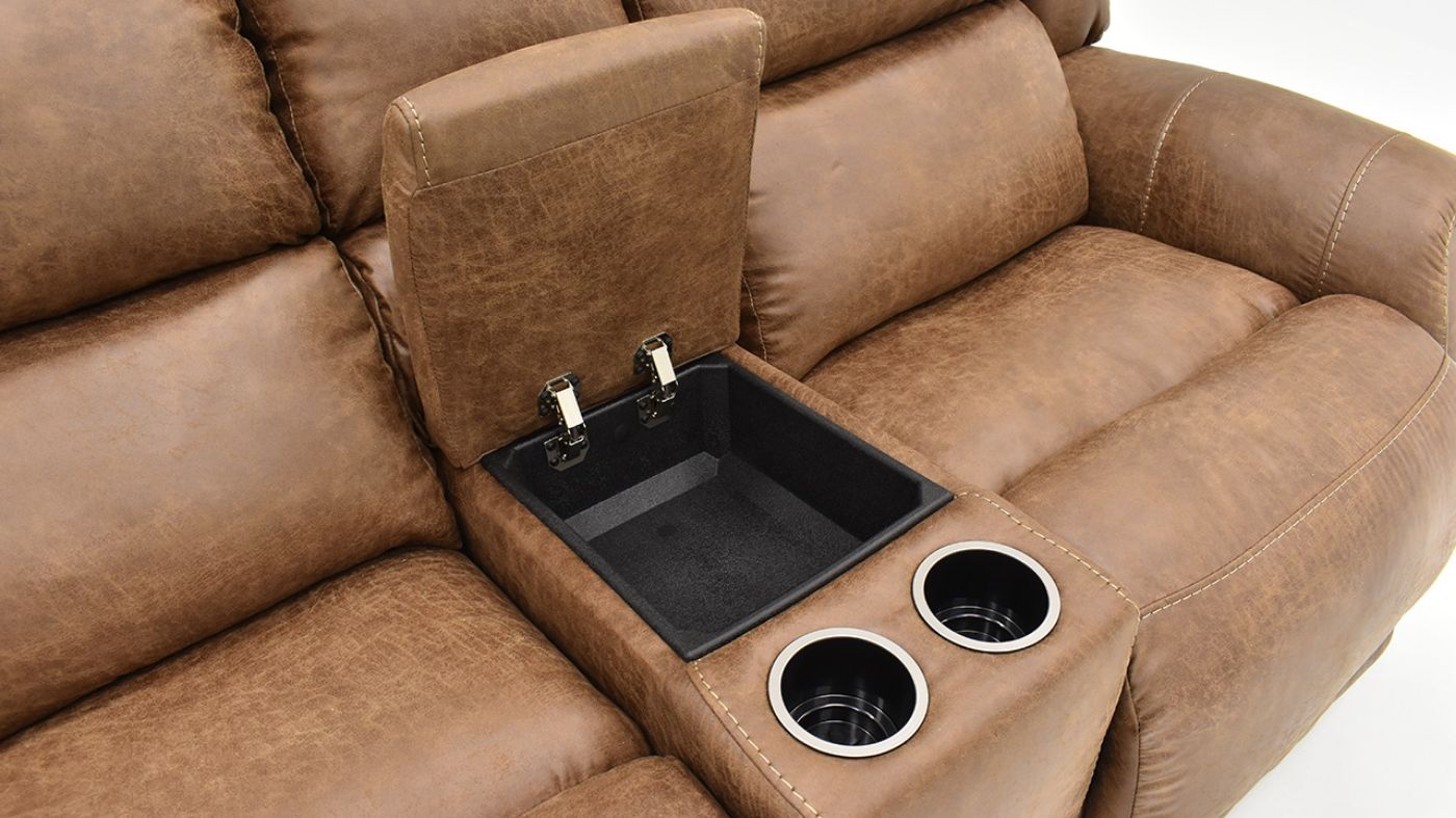 Close Up Console View of the Maverick Reclining Loveseat with Center Console in Brown by HomeStretch | Home Furniture Plus Bedding
