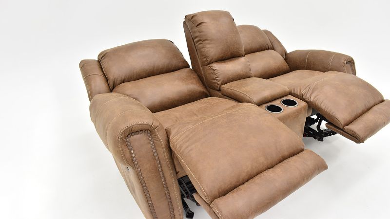 Reclining View of the Maverick Reclining Loveseat with Center Console in Brown by HomeStretch | Home Furniture Plus Bedding