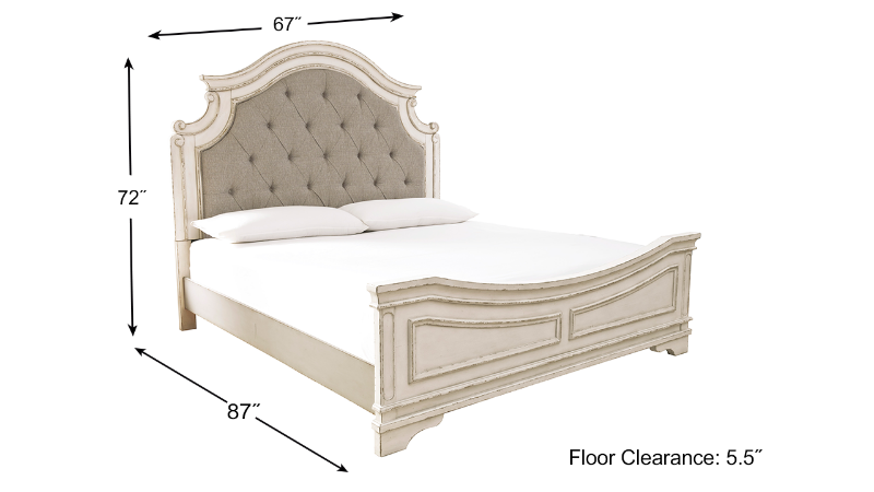 Dimension Details of the Realyn Queen Upholstered Panel Bed in Off White by Ashley Furniture | Home Furniture Plus Bedding