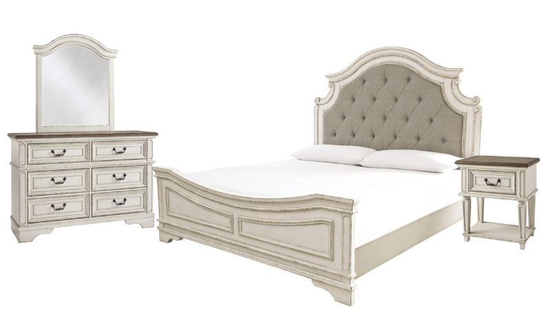 Group View of the Realyn Queen Size Upholstered Bedroom Set in Off White by Ashley Furniture | Home Furniture Plus Bedding