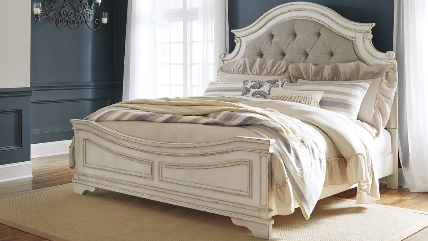 Room View of the Realyn Queen Size Upholstered Bed in Off White by Ashley Furniture | Home Furniture Plus Bedding