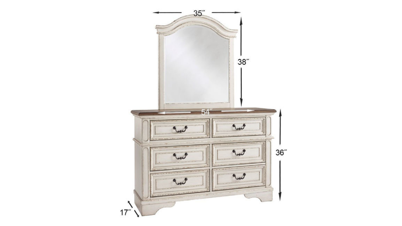 Dimension Details of the Realyn Dresser and Mirror in Off White by Ashley Furniture | Home Furniture Plus Bedding