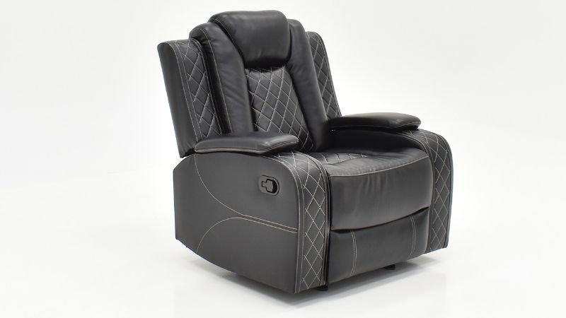 Angled View of the Orion Glider Recliner in Black by New Classic | Home Furniture Plus Bedding