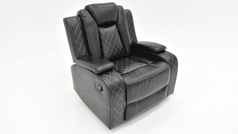 Slightly Angled View of the Orion Glider Recliner in Black by New Classic | Home Furniture Plus Bedding