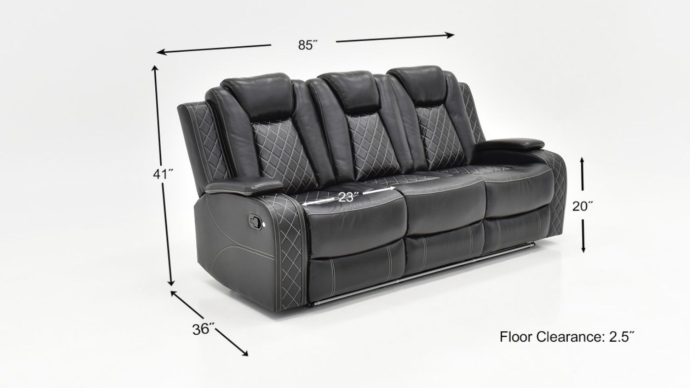 Dimension Details of the Orion Reclining Sofa in Black by New Classic | Home Furniture Plus Bedding