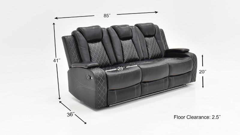 Dimension Details of the Orion Reclining Sofa in Black by New Classic | Home Furniture Plus Bedding