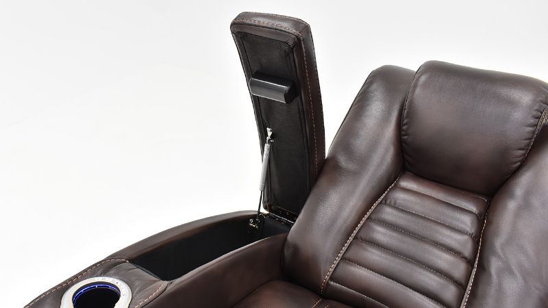 Interior  View of the Storage in the Armrest on the Milan POWER Recliner with Lights in Brown by Man Wah | Home Furniture Plus Bedding