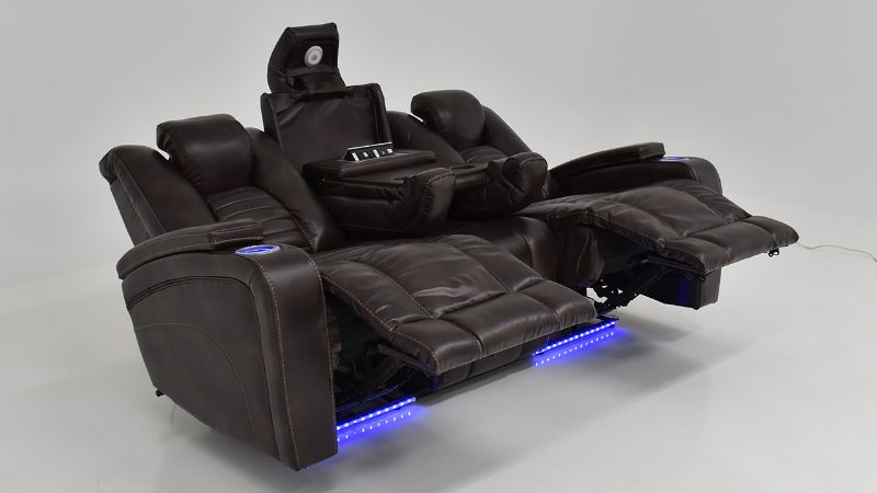 Lighted Reclining View of the Milan POWER Reclining Sofa with Lights in Brown by Man Wah | Home Furniture Plus Bedding