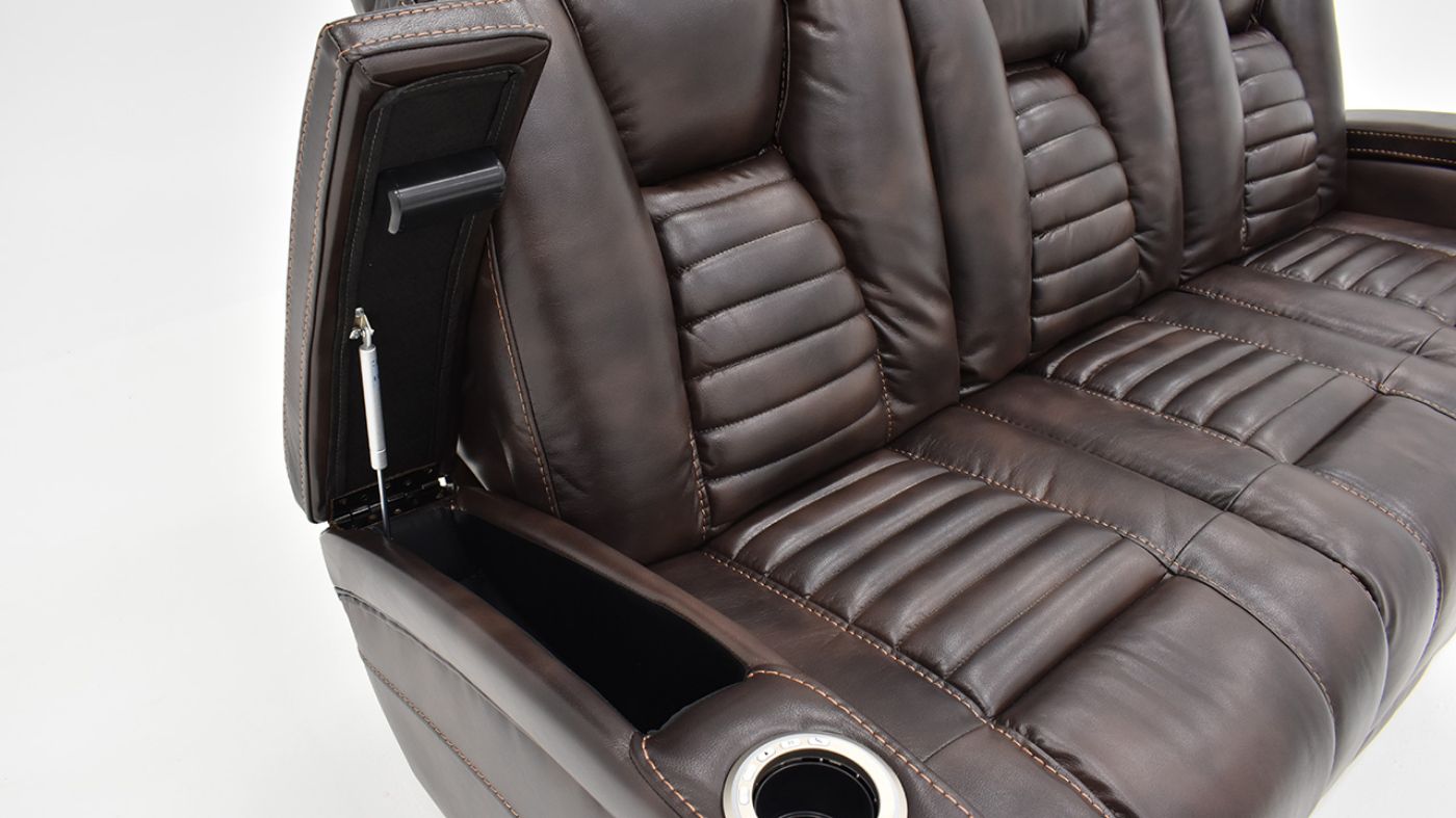 Close Up View of the Milan POWER Reclining Sofa with Lights in Brown by Man Wah | Home Furniture Plus Bedding