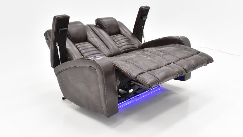 Lighted Reclined View of the Milan POWER Reclining Loveseat with Lights in Brown by Man Wah | Home Furniture Plus Bedding