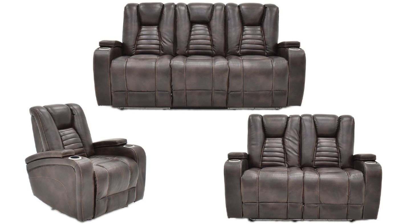 Group View of the Milan POWER Reclining Sofa Set with Lights in Brown by Man Wah | Home Furniture Plus Bedding