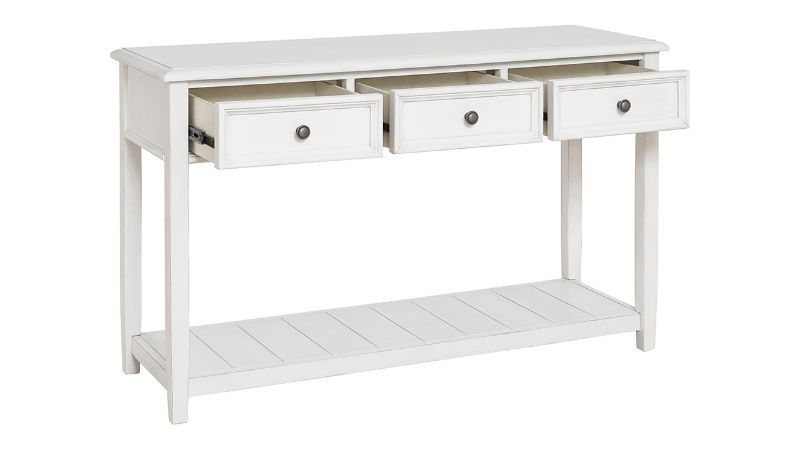 Angled View of the Kanwyn Sofa Table in White by Ashley Furniture | Home Furniture Plus Bedding