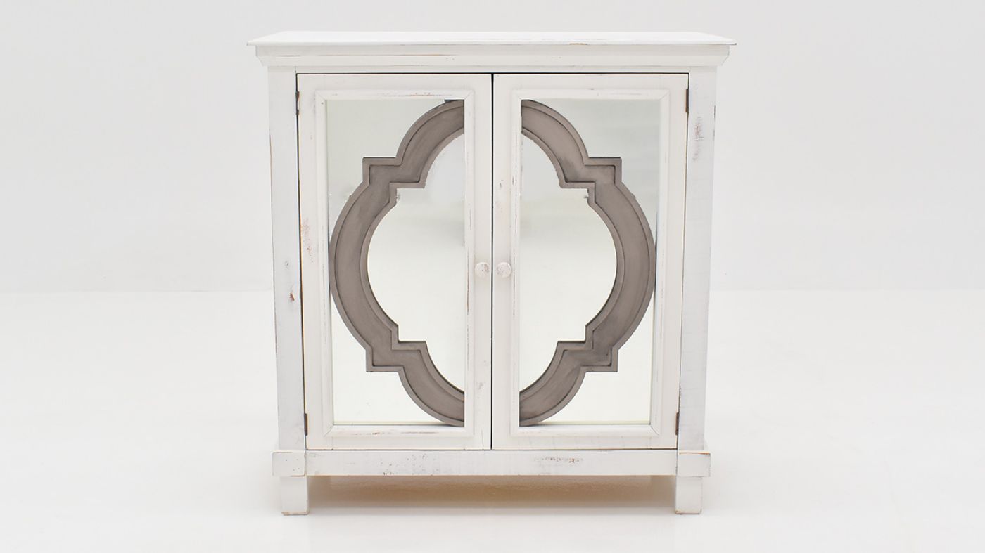 Front Facing View of the Brocade 2 Door Mirrored Console Cabinet in White by Vintage Furniture | Home Furniture Plus Bedding