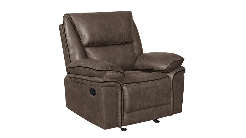 Angled View of the Linville Glider Recliner in Brown by New Classic | Home Furniture Plus Bedding