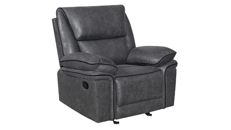 Angled View of the Linville Glider Recliner in Gray by New Classic | Home Furniture Plus Bedding