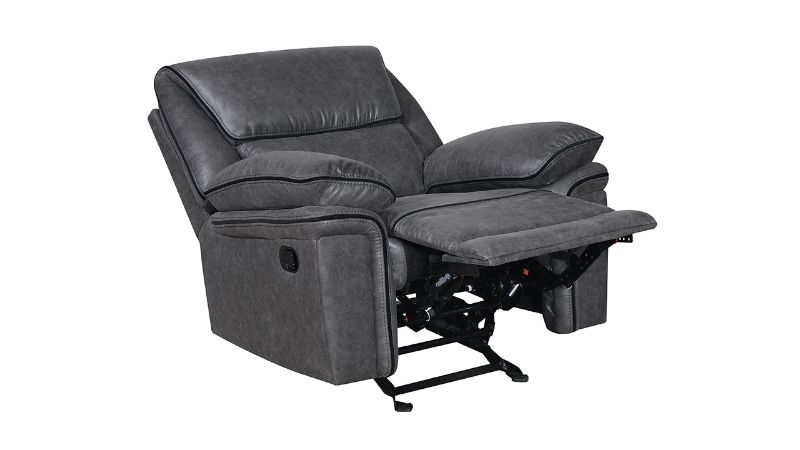 Reclined Angled View of the Linville Glider Recliner in Gray by New Classic | Home Furniture Plus Bedding