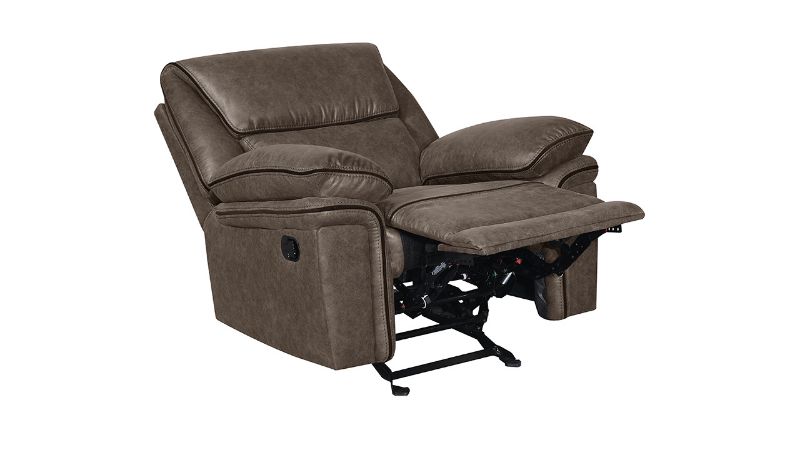 Reclined Angled View of the Linville Glider Recliner in Brown by New Classic | Home Furniture Plus Bedding