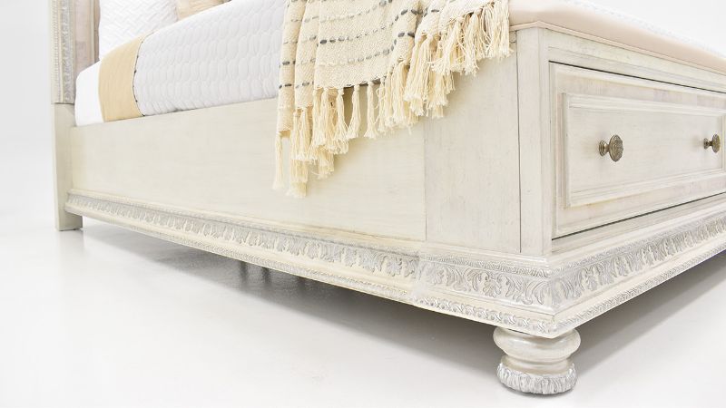 Close Up of the Footboard and Side Rail on the Ava Queen Size Storage Bed in White by Avalon Furniture | Home Furniture Plus Bedding