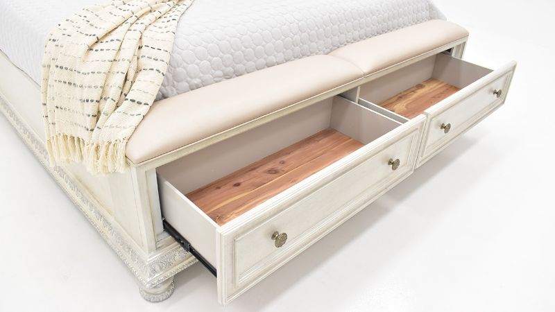 Close Up of the Footboard Storage on the Ava Queen Size Storage Bed in White by Avalon Furniture | Home Furniture Plus Bedding