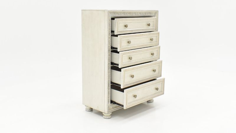Slightly Angled View of the Ava Chest of Drawers in White by Avalon Furniture | Home Furniture Plus Bedding