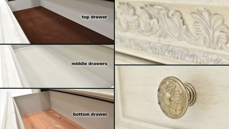 Detailed Views of the Drawer Interiors and Details on the Ava Chest of Drawers in White by Avalon Furniture | Home Furniture Plus Bedding