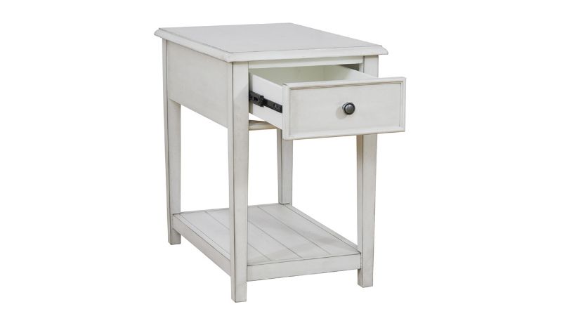 Angled View with the Drawer Open on the Kanwyn End Table in White by Ashley Furniture | Home Furniture Plus Bedding