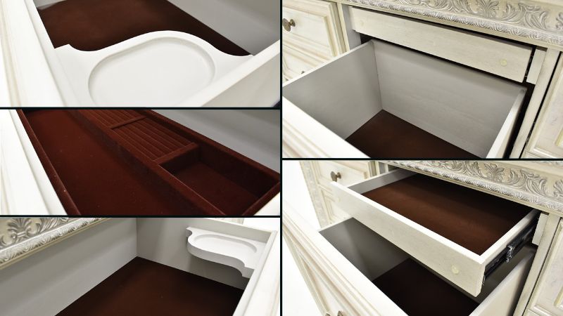 Detailed Views of the Drawer Interiors and Hidden Drawer on the Ava Dresser with Mirror in White by Avalon Furniture | Home Furniture Plus Bedding