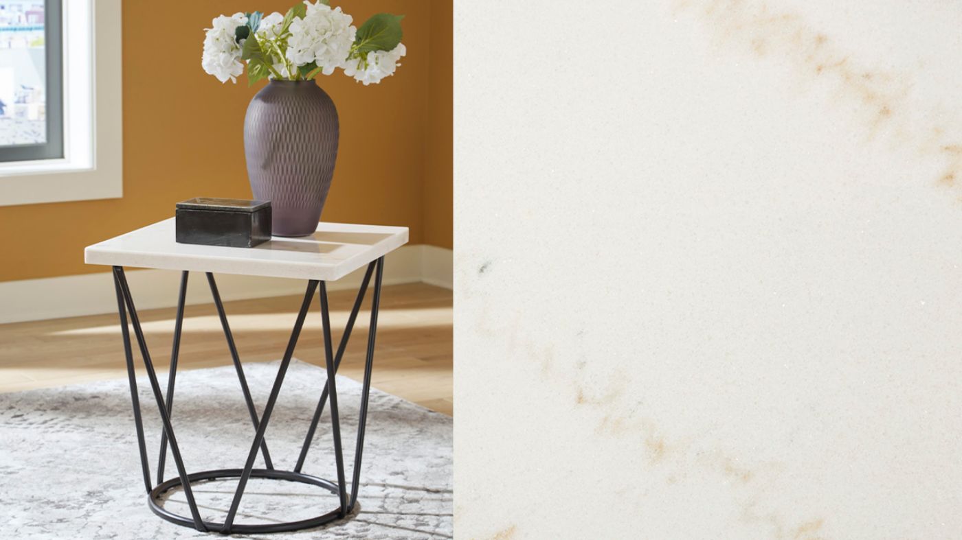 Room View of the Vancent Square Marble-Top End Table by Ashley Furniture | Home Furniture Plus Bedding
